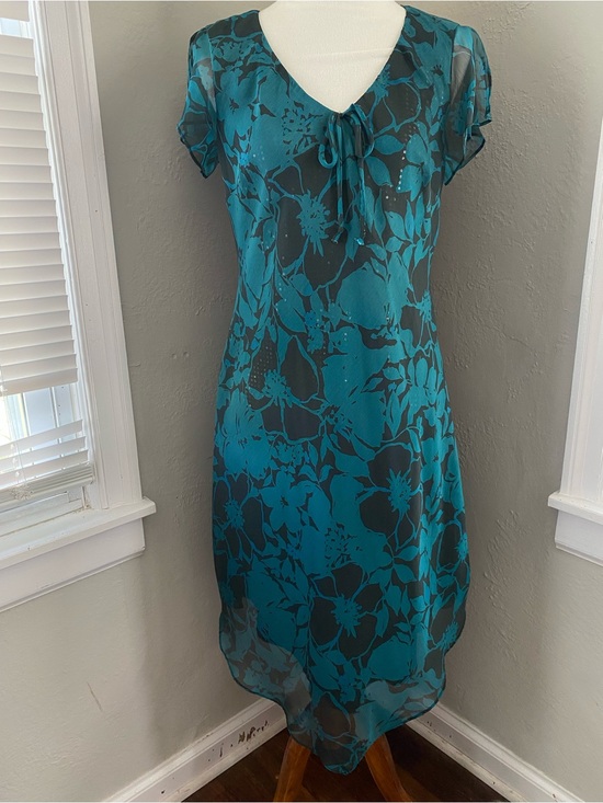 CDC Dresses & Skirts - Vtg Whimsigoth Teal Black Floral Sequin Lined MIDI Dress Grunge Fairy Wedding 10
